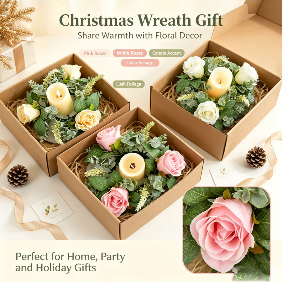 Christmas Wreath Fake - 인공 장미 화환 모양의 촛대 꽃